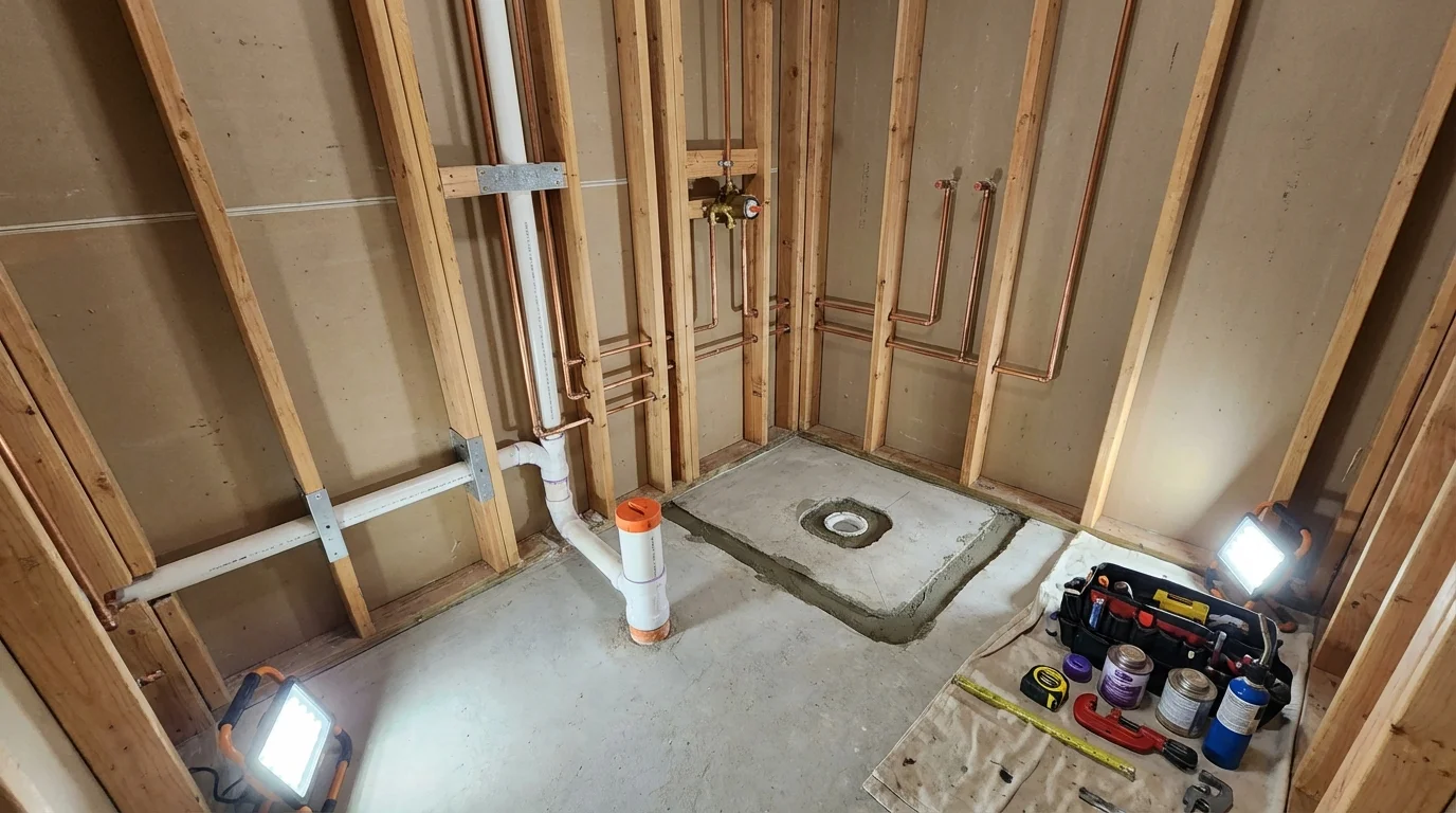 Bathroom rough-in plumbing during remodel by Johns Plumbing LLC in El Cerrito