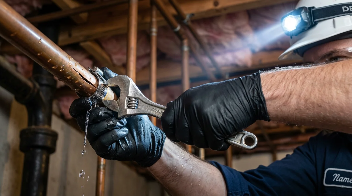 Emergency pipe clamp repair being performed by a Johns Plumbing LLC plumber in El Cerrito
