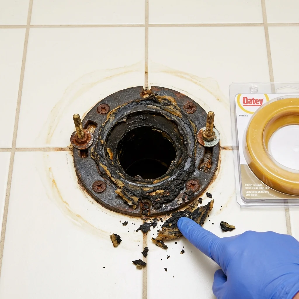Failed wax ring showing water seepage at the base of a toilet in a El Cerrito, CA home